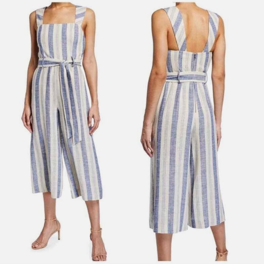 Alice + Olivia Marty Gaucho Overalls Jumpsuit Blue and White Striped
